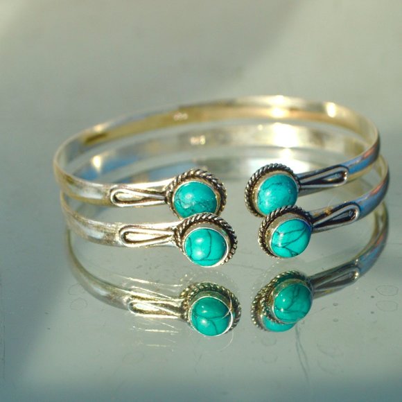 Turquoise Bracelet Silver Plated 2 Cuffs Set Boho - Picture 4 of 5